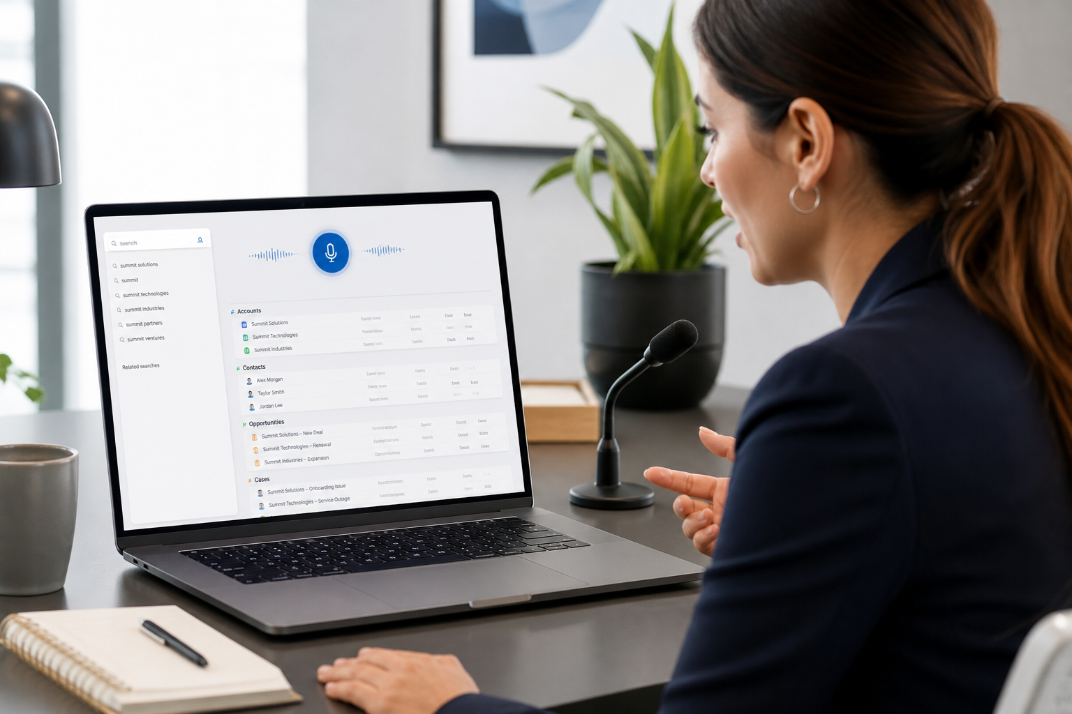Sales professional using voice search for CRM records